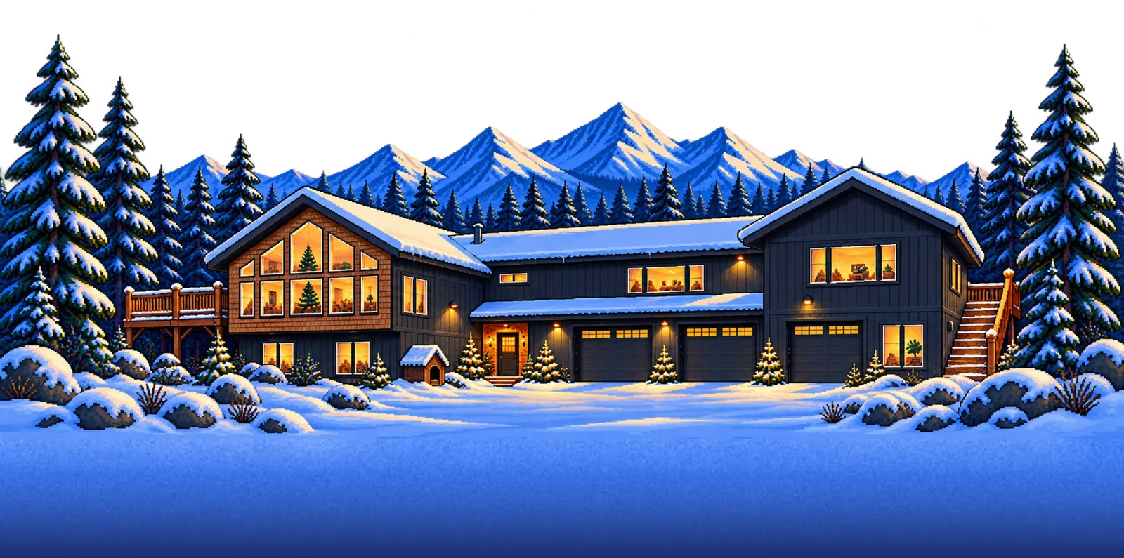The Switzer house on a snowy night, with mountains behind