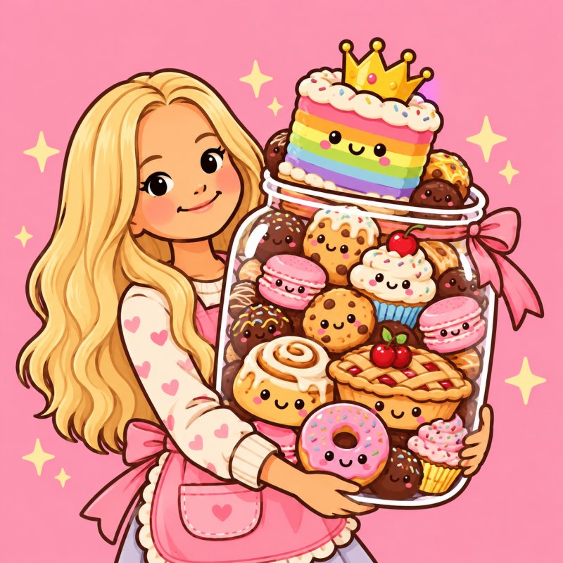 Ellie holding a big jar of smiling treats with a crowned rainbow cake on top