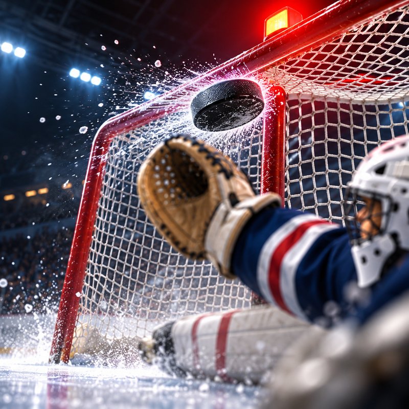 A puck flying past a goalie's glove into the net