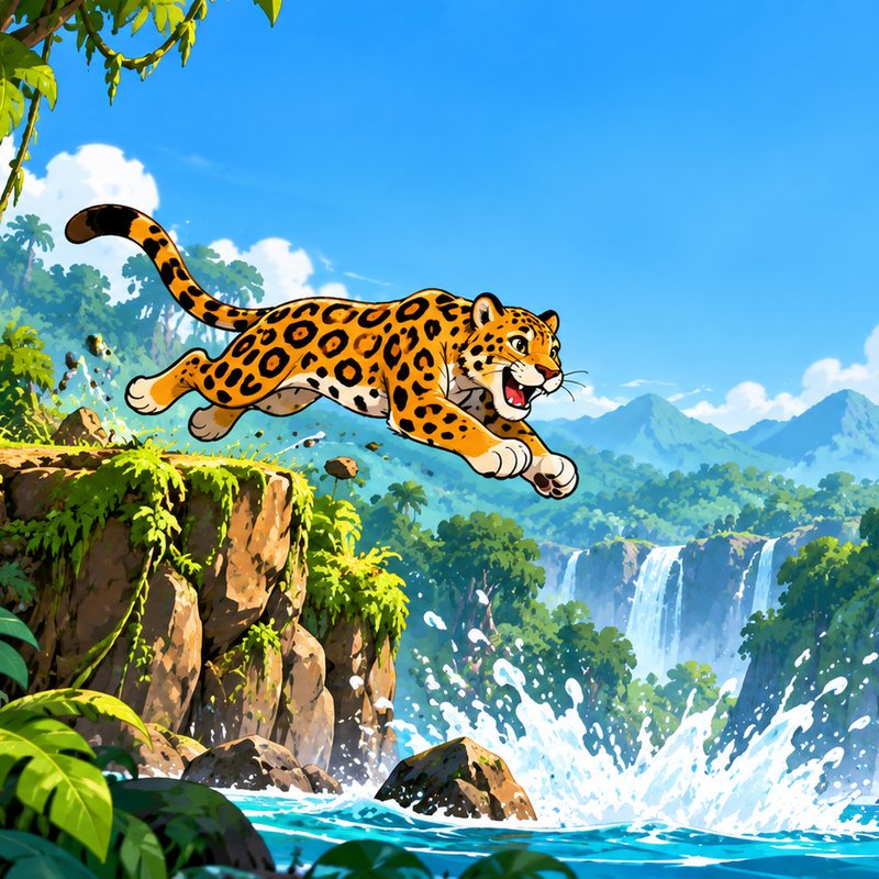 A jaguar leaping off a jungle cliff toward a waterfall pool