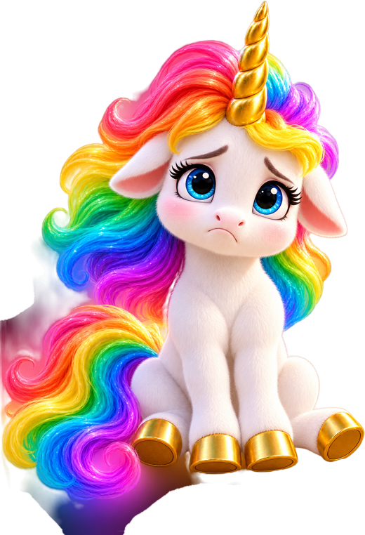 The unicorn sitting down, a little sad