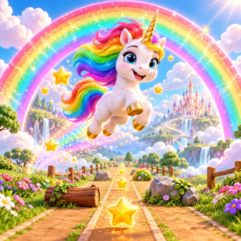 A white unicorn with a rainbow mane leaping through a rainbow arch